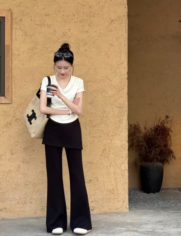 Red short sleeve wide leg pants V-neck T-shirt 2pcs set